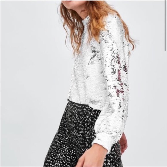 Zara Tops - Zara Flip Sequin Barrel Sleeve Top, NWT, sz S, White/Silver, Mock Neck